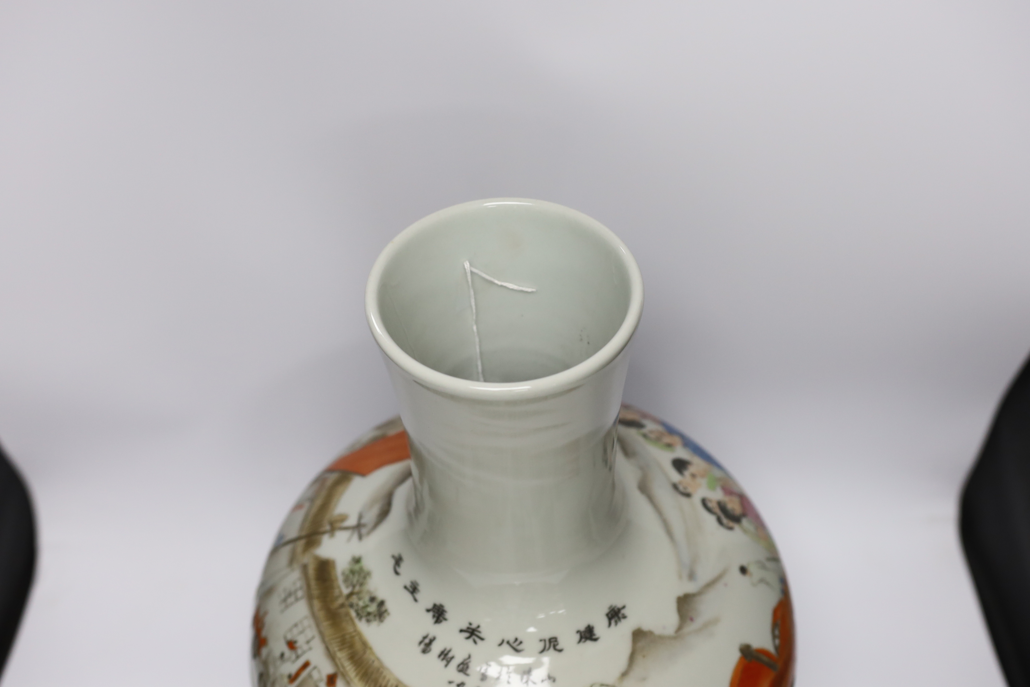 A Chinese Cultural Revolution style enamelled porcelain vase on stand, 50cm high including stand